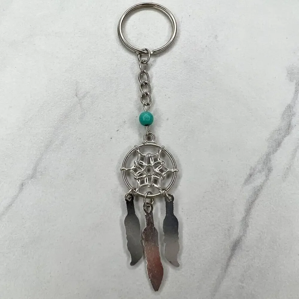 Silver Tone Faux Turquoise Beaded Dreamcatcher Keychain Keyring